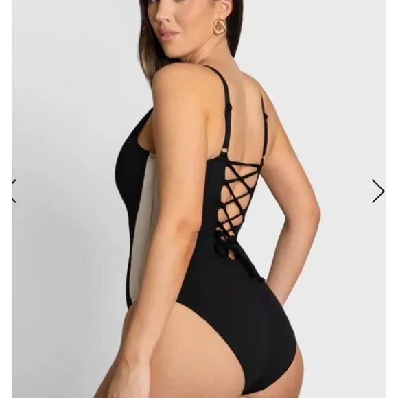 TA3 Plungey Contour One Piece Swimsuit Black Oat Corset Back Shaping M NWT - Picture 2 of 10